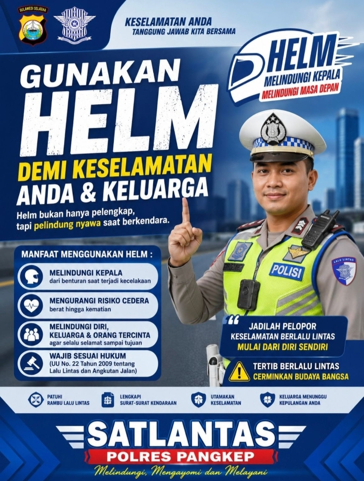 Satlantas Polres Pangkep Ajak Masyarakat Agar Senantiasa Menggunakan Helm Demi keselamatan Berkendara.